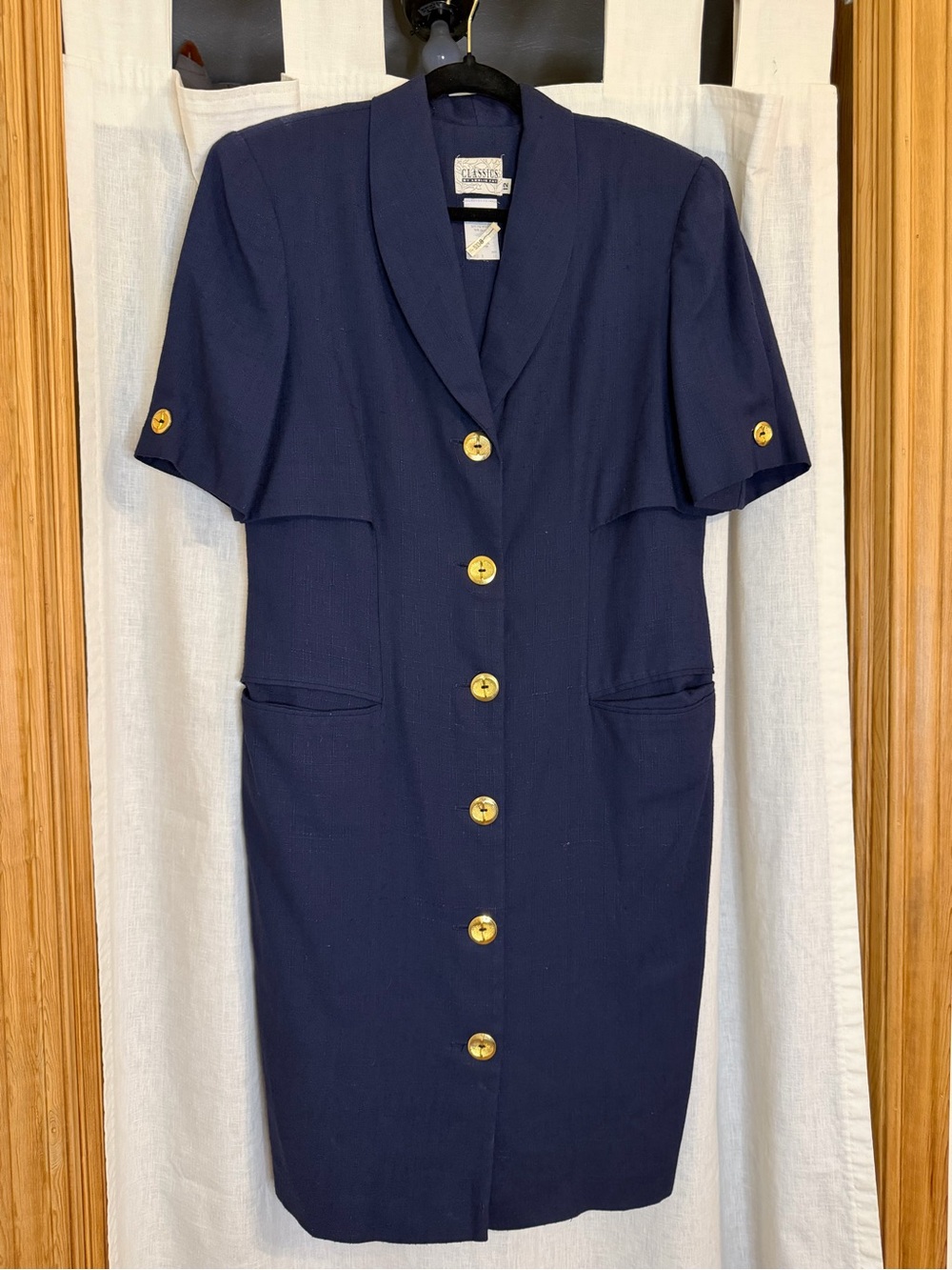 Classics by Leslie Fay Navy Midi Dress with Large Gold Buttons